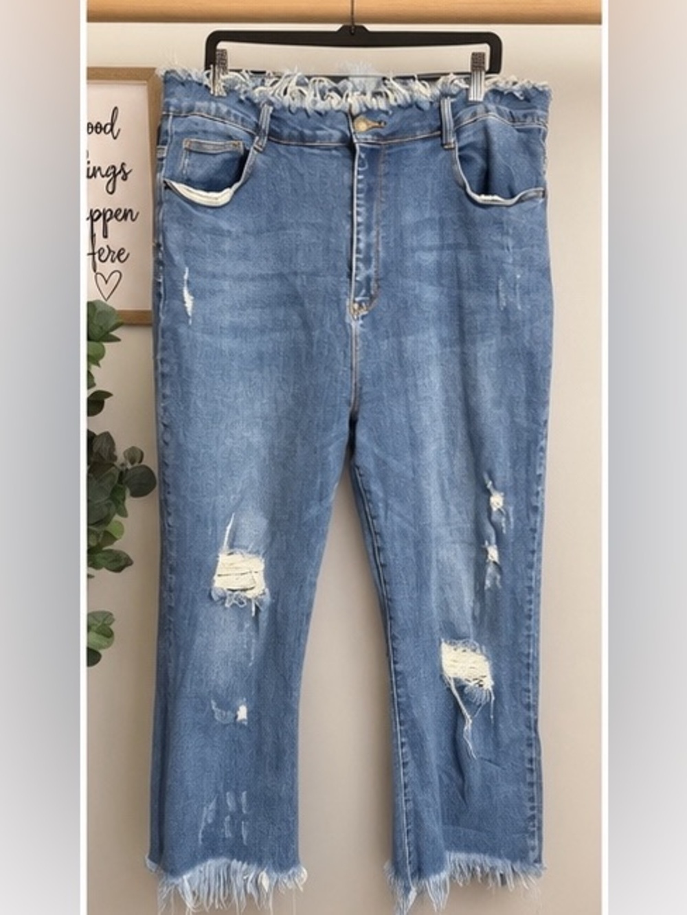 RISEN 3XL Plus Size Distressed Cropped Jeans • Raw Hem Trendy Denim